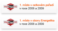 WebTop100 - 1. místo v celkovém pořadí a v oboru Energetika v roce 2008 a 2009