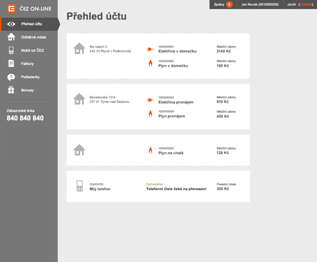 V přehledu účtu najdete všechny důležité informace o platbách, fakturách, či plánovaných odstávkách elektřiny. Vaše odebírané služby a produkty naleznete sjednoceny podle adresy odběrného místa.