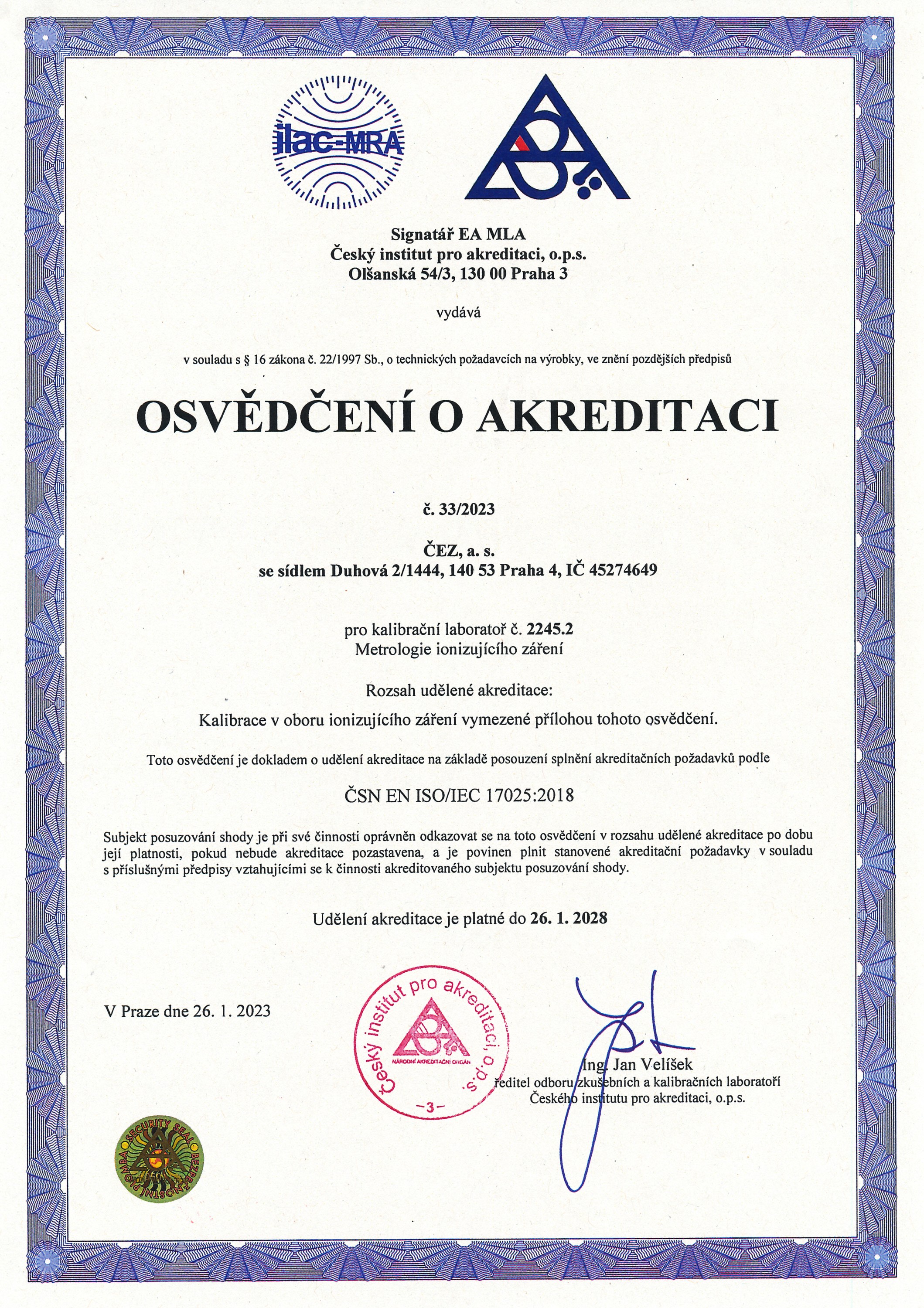 Osvědčení o akreditaci