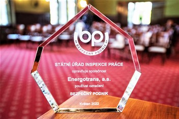 Ocenění Bezpečný podnik pro společnost Energotrans ze společnosti ČEZ.